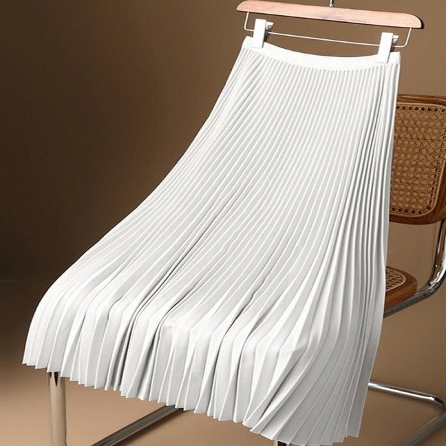 Women Maxi Skirt Elastic High Waist Pleated Skirt Solid Color Smooth Satin A-Line Skirt Work Leisure Wear