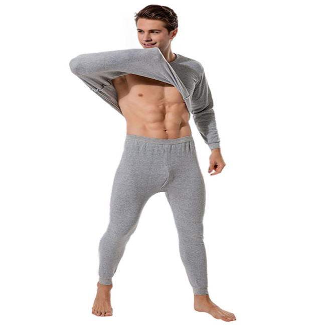 2Pcs/Set Men Warm Lounge Set O-Neck Long Sleeve Plush Lining Tops Elastic Waist Long Pants Set Solid Color Pajamas Set