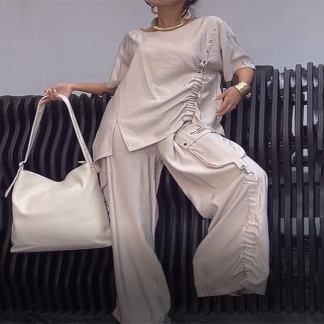 2 Pcs/Set Fall Spring Women T-shirt Pants Set Short Sleeves Round Neck Pleated Top Elastic Waist Wide Leg Trousers Casual Sport Pantsuit Outfit 2 Pcs/Set Fall Spring Women T-shirt Pants Set Short Sleeves Round Neck Pleated Top Elastic Waist Wide Leg Trousers Casual Sport Pantsuit Outfit