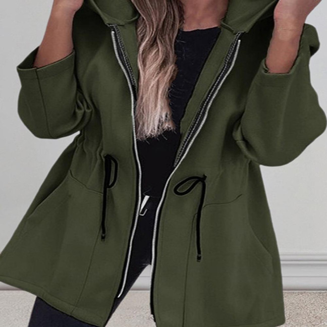 Women Jacket Windbreaker Style Hooded Drawstring Waist Large Pockets Solid Color Zipper Closure Thermal Long-Sleeved Biking Hiking Workout Spring Fall Winter Coat