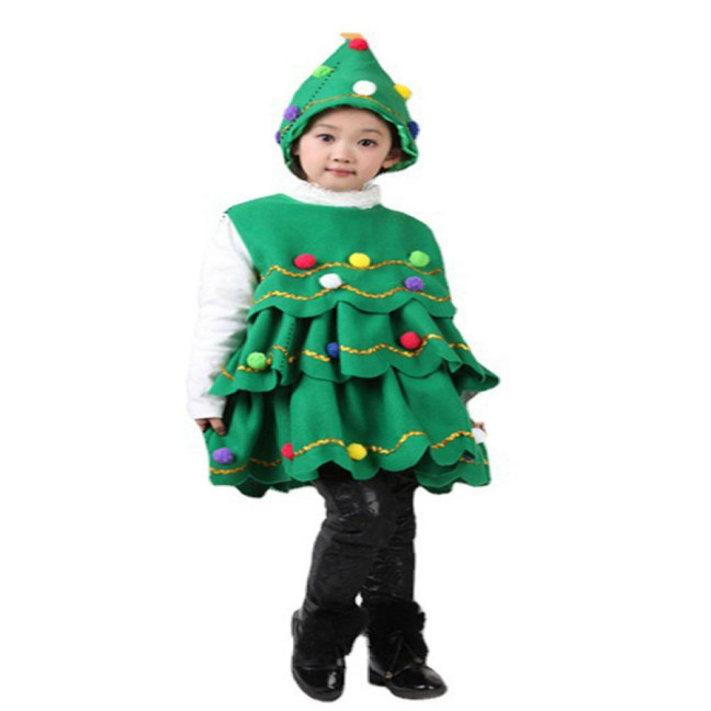 2 Pcs/Set Christmas Costume with Hat Multi Plush Ball Pendant Decor Scattered Cake Hem Sleeveless Round Neck A-line Christmas Tree Cosplay Performance Mini Dress