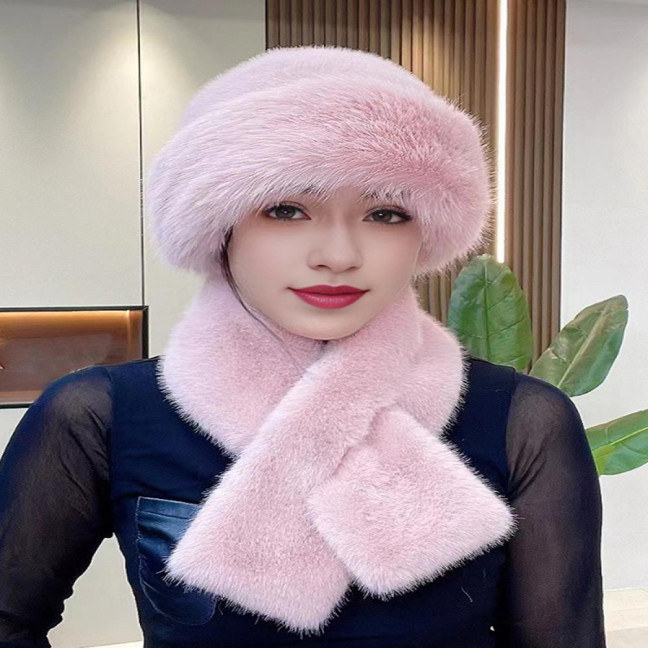 2 Pcs/Set Women Winter Hat Scarf Set Fuzzy Plush Thickened Windproof Heat Retention Cross Neck Wrap Solid Color Dome Faux Fur Fisherman Hat Outdoor Cap