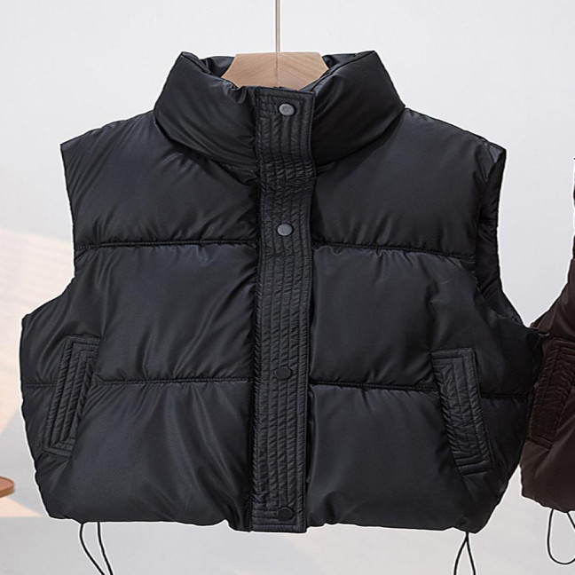 Winter Women Vest Coat Thickened Padded Button Closure Stand-up Collar Drawstring Hem Sleeveless Solid Color Windproof Heat Retention Outdoor Down Coat