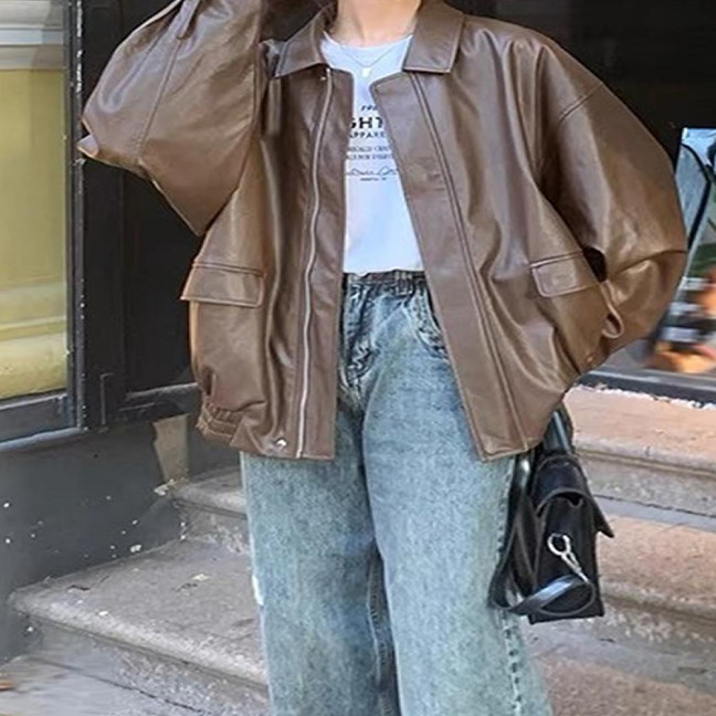 Women Jacket Faux Leather Smooth Surface Turn-down Collar Zip-up Long Sleeves Elastic Hem Pockets Retro Motorcycle Coat 