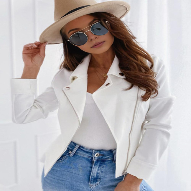 Women Jacket Faux Leather Smooth Surface Turn-down Collar Zipper Closure Long Sleeves Pockets Motorcycle Coat Office Commuting Travel Outerwear