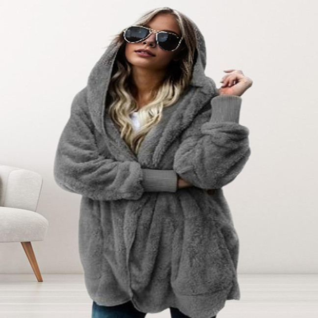 Women Winter Jacket Double-sided Wear Thick Fleece Hooded Pockets Mid Length Solid Color Warm Casual Daily Wear Long Coat 