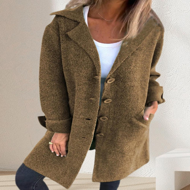 Autumn Winter Women Jacket Turn-down Collar Single-breasted Long Sleeves Loose Solid Color Woolen Coat Pockets Mid Length Commuting Dating Overcoat Autumn Winter Women Jacket Turn-down Collar Single-breasted Long Sleeves Loose Solid Color Woolen Coat Pockets Mid Length Commuting Dating Overcoat