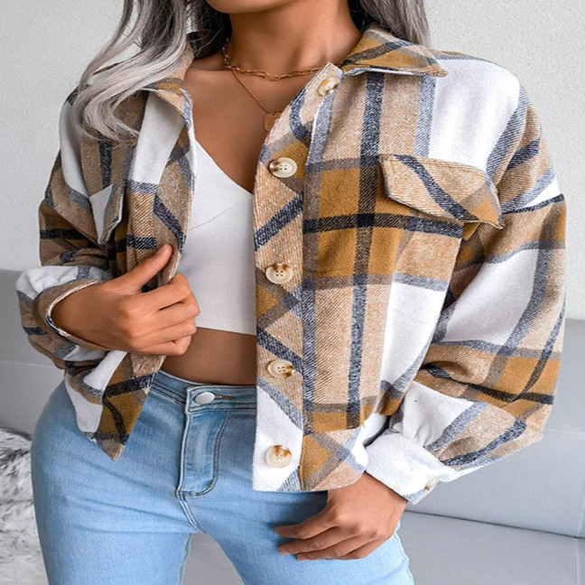 Fall Spring Women Jacket Contrast Color Plaid Print Turn-down Collar Single-breasted Fake Pocket Long Sleeves Loose Commuting Dating Coat Fall Spring Women Jacket Contrast Color Plaid Print Turn-down Collar Single-breasted Fake Pocket Long Sleeves Loose Commuting Dating Coat