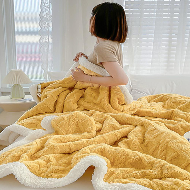 Winter Thickened Blanket Double-sided Fluff Plush Double-layer 3D Jacquard Solid Color Office Nap Dormitory Home Bed Sofa Travel Cozy Warm Blanket