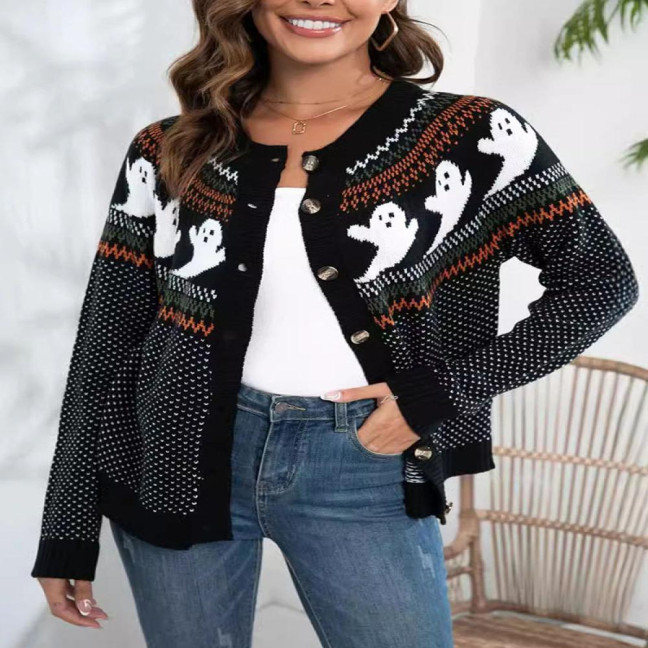 Women Sweater Coat Crew Neck Long Sleeve Ghost Pattern Halloween Knitted Cardigan Single Breasted Sweater Cardigan