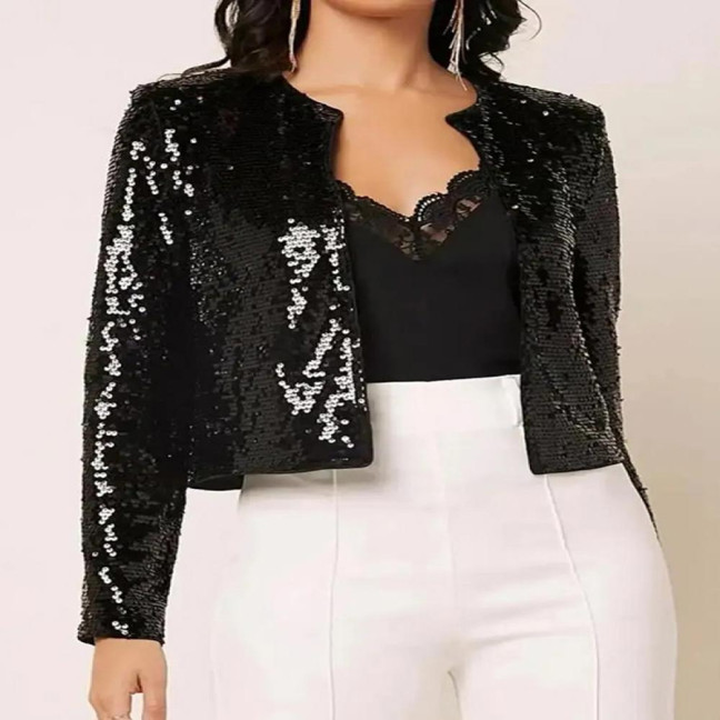 Women Party Sequin Coat Round Neck Open Stitch Cardigan Long Sleeves Short Type Solid Color Stage Performance Club Dance Jacket Women Party Sequin Coat Round Neck Open Stitch Cardigan Long Sleeves Short Type Solid Color Stage Performance Club Dance Jacket