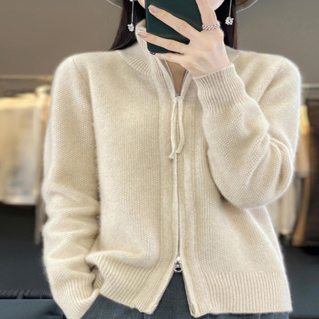 Women Knitted Sweater Coat High Collar Long Sleeve Double Zipper Placket Autumn Winter Solid Color Knitwear