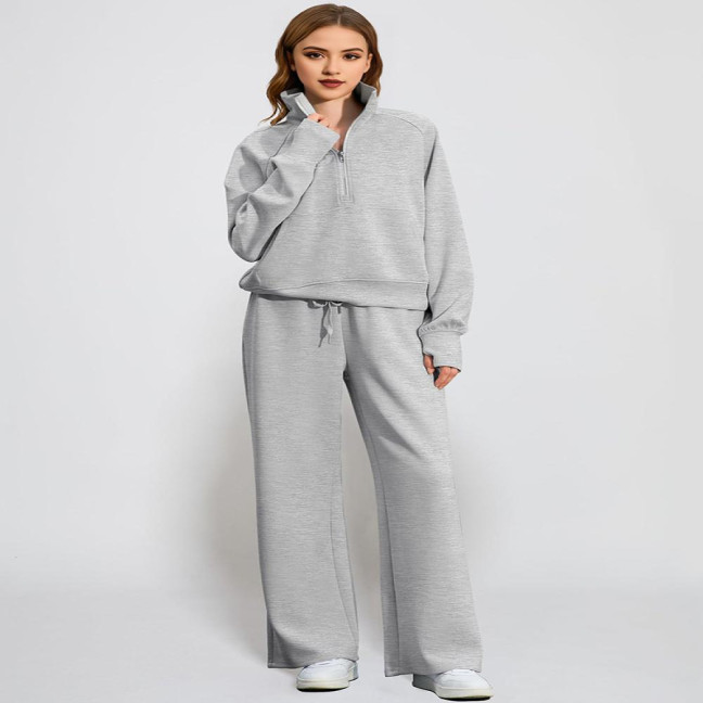2 Pcs/Set Women Top Pants Set Half Zipper Turn-down Collar Long Sleeves Sweatshirt Elastic Waist Wide Leg Sweatpants Sport Outfit Autumn Casual Tracksuit