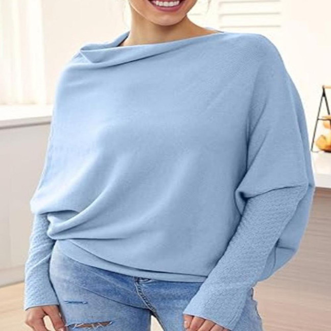 Women Pullover Tops Round Neck Long Sleeve Casual Loose Fit Tops Solid Color Stretchy Casual T-shirt