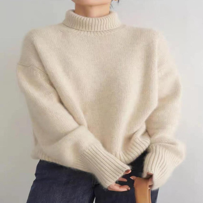 Women Winter Sweater High Collar Long Sleeve Soft Warm Knitting Tops Solid Color Loose Fit Pullover Tops