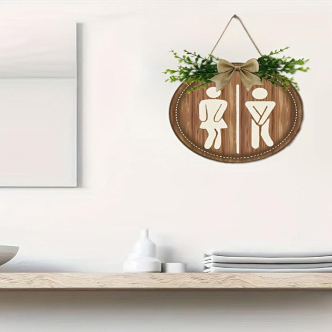 Wooden Toilet Sign Artificial Green Leaves Wall Decor Bathroom Sign Gender Tags Rustic Bathroom Sign with Lanyard for Home Cafe Restaurant Bar