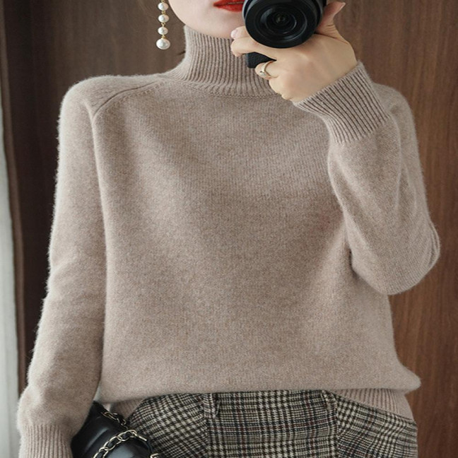 Women Sweater High Collar Long Sleeve Ribbed Trim Knitting Tops Solid Color Loose Fit Thickened Bottoming Tops