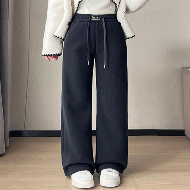Women Corduroy Pants Elastic High Waist Straight Wide Leg Long Trousers Solid Color Thickened Fleece Lined Pants Women Corduroy Pants Elastic High Waist Straight Wide Leg Long Trousers Solid Color Thickened Fleece Lined Pants