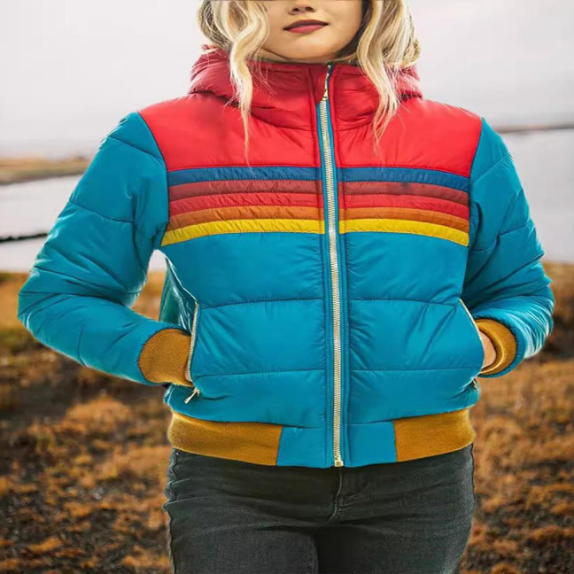 Winter Cotton Coat with Pockets Coloblock Zipper Closure Hooded Padded Windproof Cardiagn Short Type Elastic Cuffs And Hem Cotton Jacket 