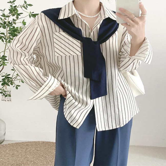 Women Shirt Lapel Long Sleeve Vertical Stripe Print Fake Two Pieces Shirt Tops Regular Fit French Style Shirt