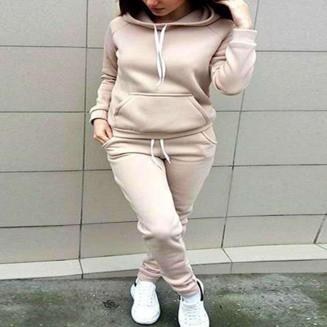 2 Pcs/Set Women Hoodie Pants Suit Solid Color Plush Long Sleeves Thick Top Elastic Waist Ankle-banded Trousers Sport Fitness Outfit Fall Winter Tracksuit