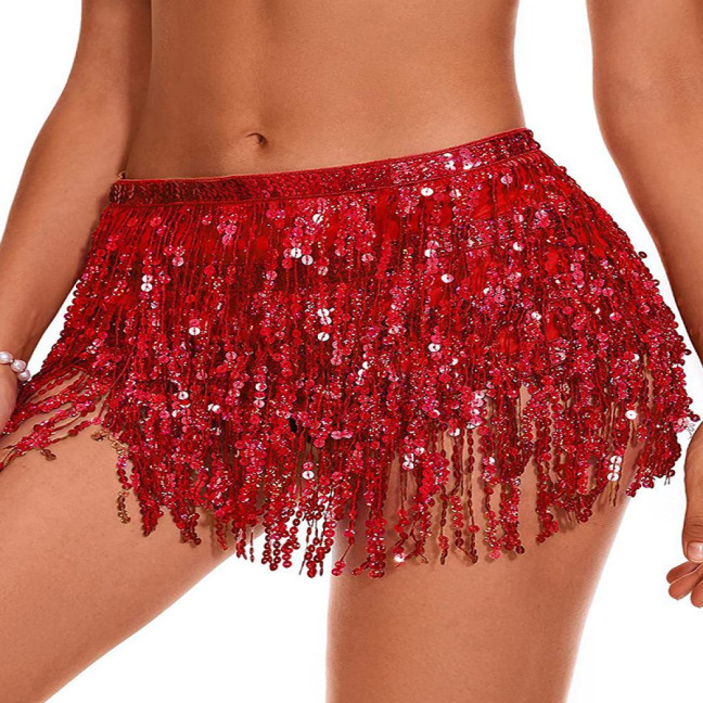 Belly Dance Sequin Tassel Skirt Sparkling Glitter Rave Fringe Mid-rise Skirt Solid Color Dance Parties Performances Skirt