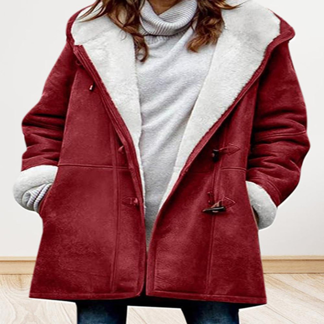 Lady Winter Coat with Hood And Pockets Thickened Fleece-lined Faux Suede Mid Length Thermal Jacket Long Sleeve Outdoor Casual Outerwear 