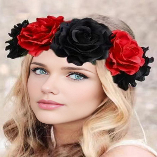 Rose Headband Handmade Hair Hoop with 5 Artificial Roses High Elastic Design Bohemia Style Hair Hoop Festival Decor