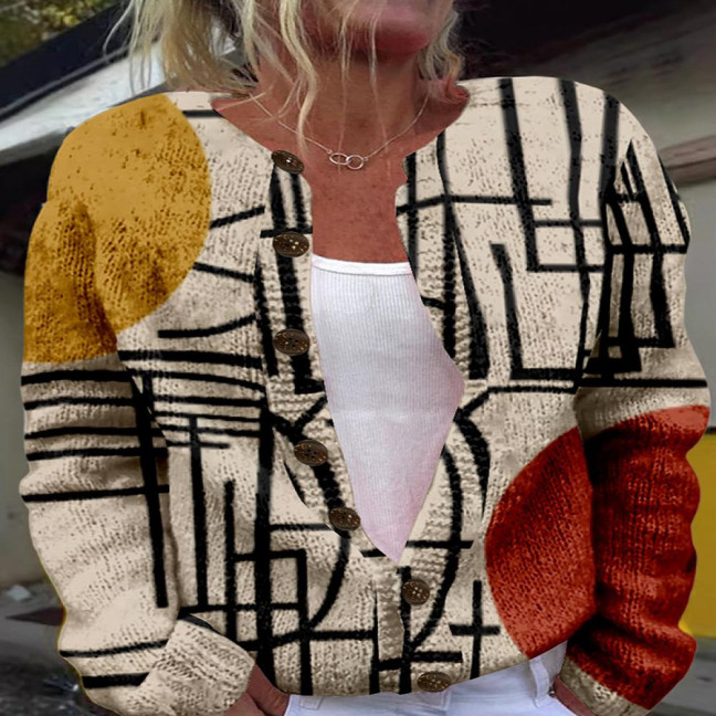 Women Sweater Coat Round Neck Long Sleeve Animal Print Knitting Outerwear Loose Fit Open Front Cardigan Women Sweater Coat Round Neck Long Sleeve Animal Print Knitting Outerwear Loose Fit Open Front Cardigan