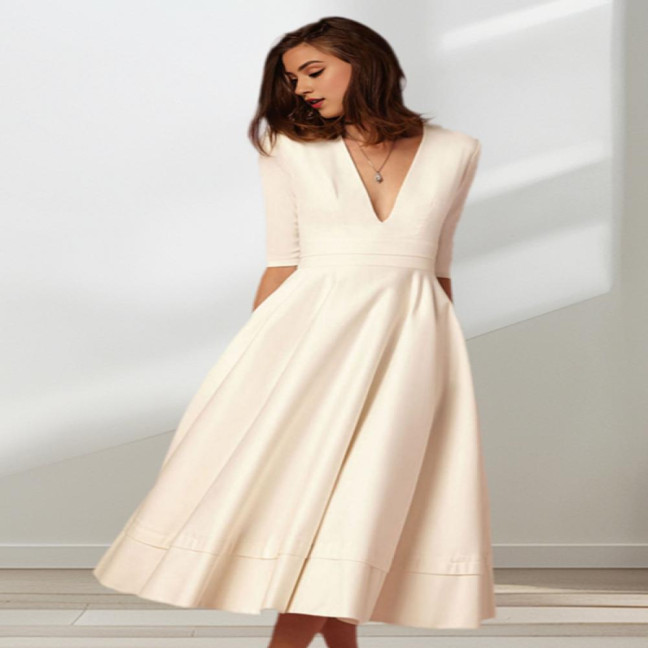 Women Midi Dress Deep V Neck A-line Flowy Hem Solid Color Half Sleeves Pure Color Dating Dress Prom Party Banquet Evening Dress 