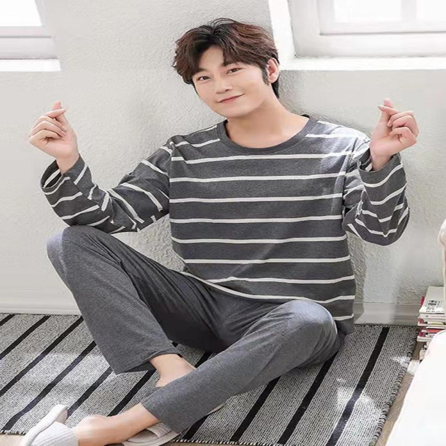 2Pcs/Set Men Pajamas Set O-Neck Long Sleeve Striped Print Tops Elastic Waist Long Pants Set Home Lounge Wear Set