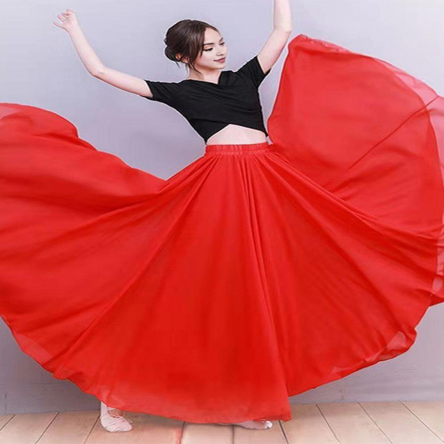 Women Chiffon Large Skirt 720 Degree Pull Double-Layered Maxi Skirt Solid Color Flowy Dance Skirt Versatile Dancewear
