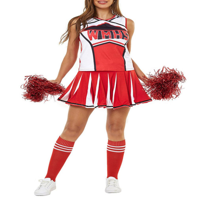 2 Pcs/Set Cheerleader Performance Outfit Sleeveless Top Skirt Set High School Glee Club Girl Cheerleading Costume Varsity Cheerleader Fancy Dress Uniform