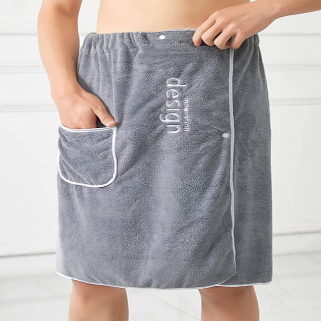 Coral Velvet Bath Towel with Pocket Wearable Absorbent Letter Decoration Color-Blocking Design Button Placket Bath Towel