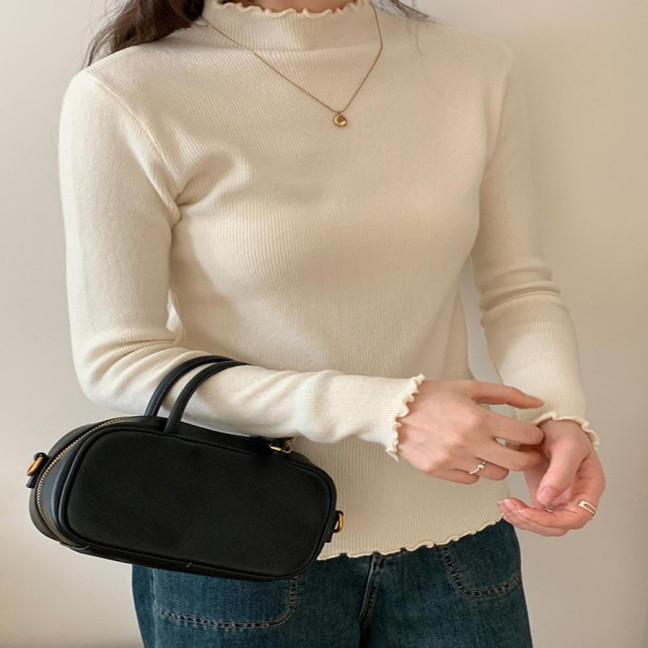 Knitting Tops Solid Color Half-High Collar Long Sleeve Sheer Trim Bottoming Tops Slim Fit High Elastic Basic Tops