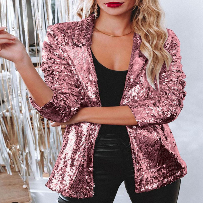 Lady Sequin Coat Open Stitch Cardigan Turn-down Collar Long Sleeves Solid Color Formal Business Jacket Office Commuting Outerwear Lady Sequin Coat Open Stitch Cardigan Turn-down Collar Long Sleeves Solid Color Formal Business Jacket Office Commuting Outerwear