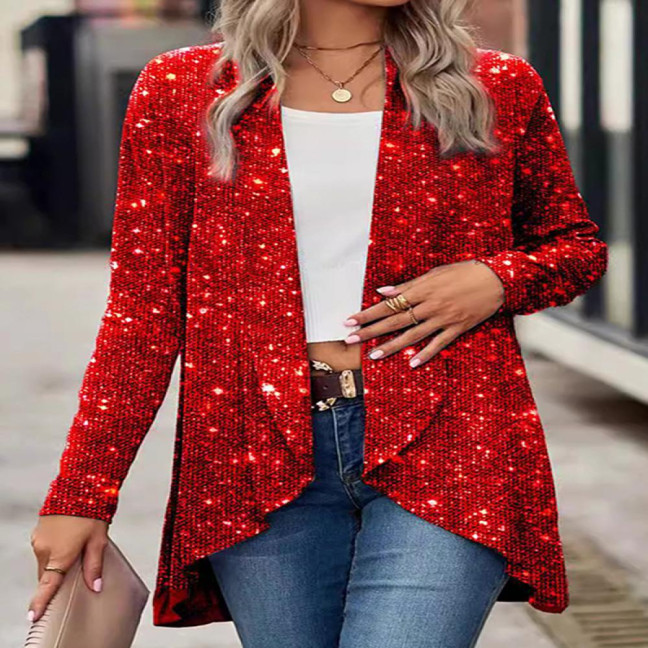 Lady Sequin Coat Open Stitch Cardigan Irregular Hem Long Sleeves Solid Color Formal Business Jacket Office Commuting Outerwear Lady Sequin Coat Open Stitch Cardigan Irregular Hem Long Sleeves Solid Color Formal Business Jacket Office Commuting Outerwear