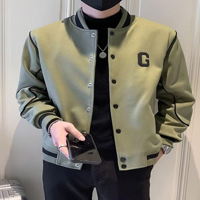 Men Baseball Coat Long Sleeve Single-Breasted Jacket with Letters Print Baseball Collar Outdoor Sports Outerwear