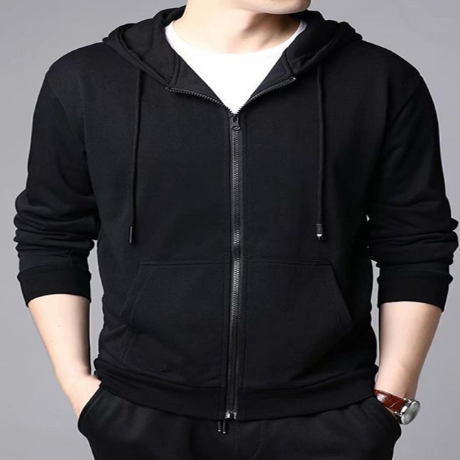 Spring Auutmn Men Coat Hooded Drawstring Zipper Closure Solid Color Elastic Cuffs Loose Sport Coat Thick Plush Outerwear for Various Occasions