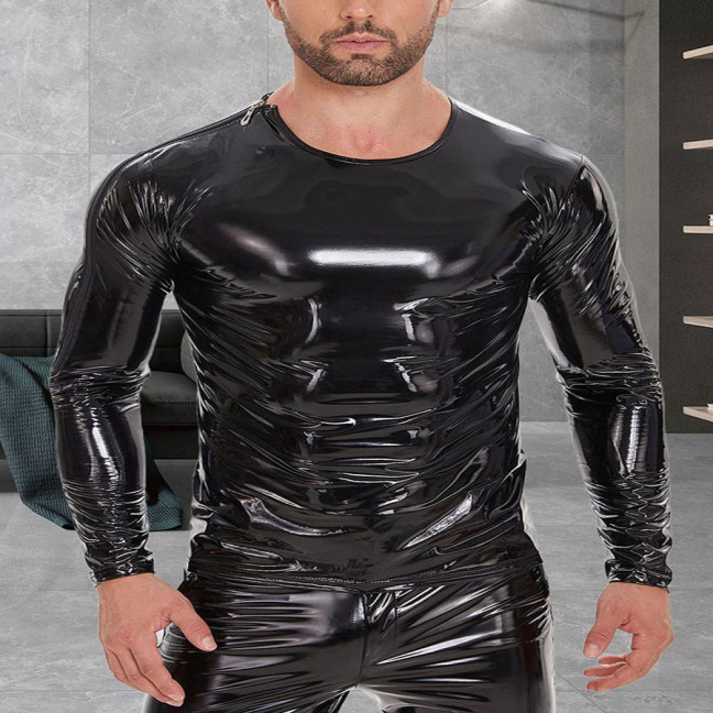 Men's Liquid Shiny Faux Leather Top Metallic Wet Look Long Sleeve Tee Zipper Shoulder Slim Fit Shirt Hip Hop Nightclub Party Blouse
