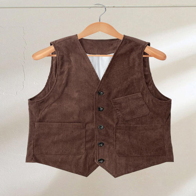 Men Corduroy Vest Coat V-neck Sleeveless Single Breasted Buttons Waistcoat with Pockets Solid Color Vest Jacket