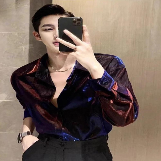 Men Shirt Turn-down Collar Loose Glossy Surface Single-breasted Loose Long Sleeve Top Club Party Casual Formal Wear Shirt 