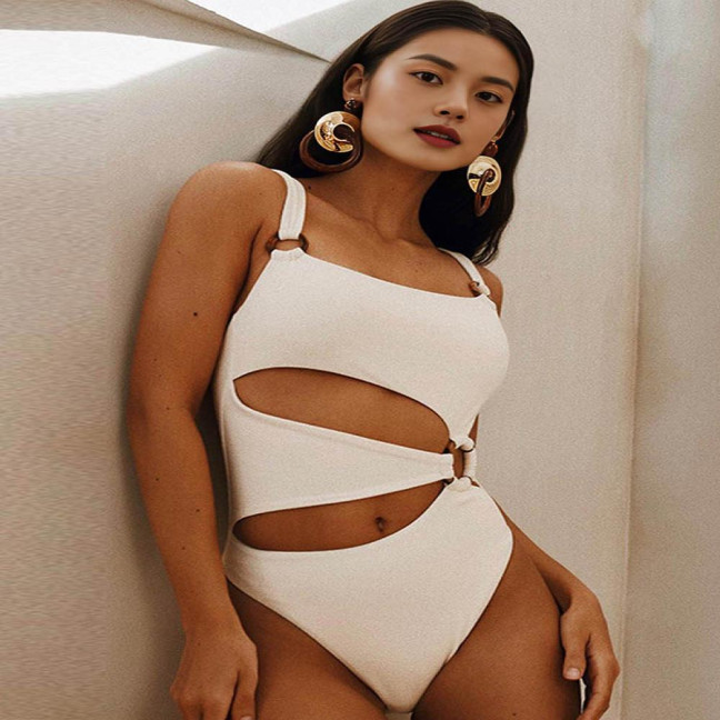 Women Monokini Padded Underwire Solid Color Square Neck One-Piece Bikini with Hollow Design Beach Vacation Swimwear