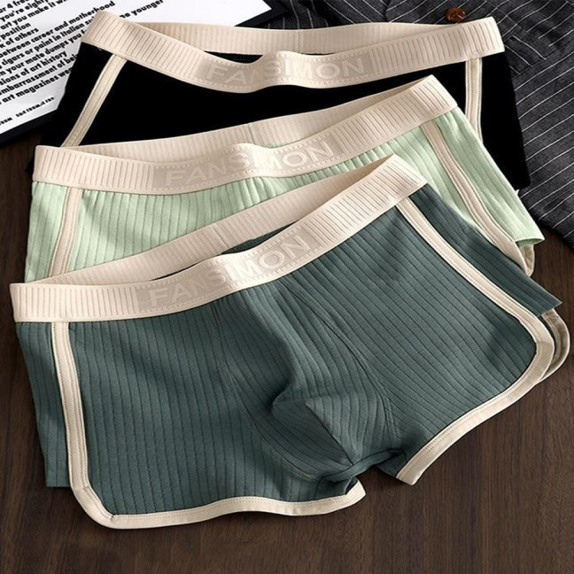 Men Boxer Underwear Mid-rise High Elasticity Shorts Panties Patchwork Color U-Convex Ribbed Underwear