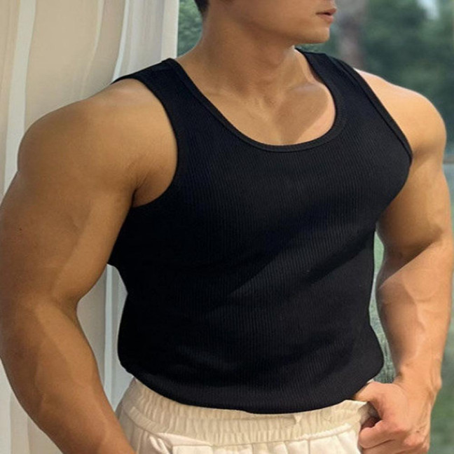 Women Vest Round Neck Sleeveless Wide Shoulder Straps Tank Tops Solid Color Slim Fit Ribbed Breathable Vest