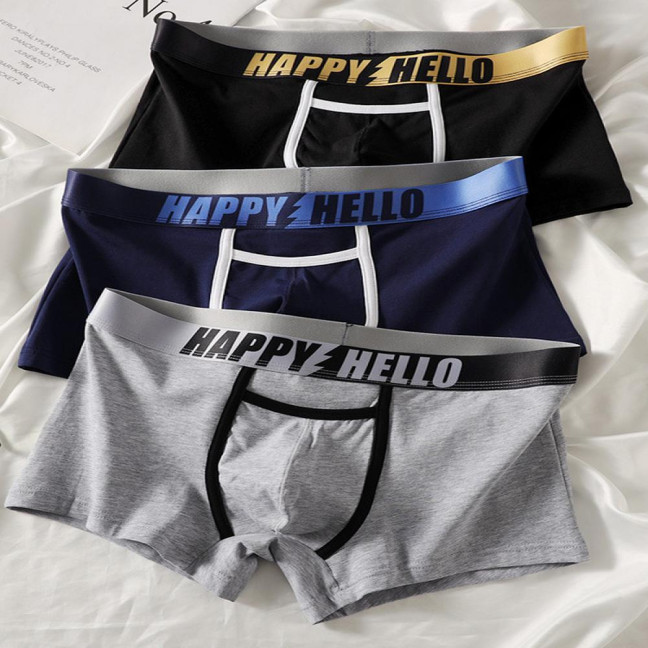 Men Boxer Underwear with Ball Support Letter Print Elastic Mid-rise Separated Pouch Moisture-Wicking Boxers