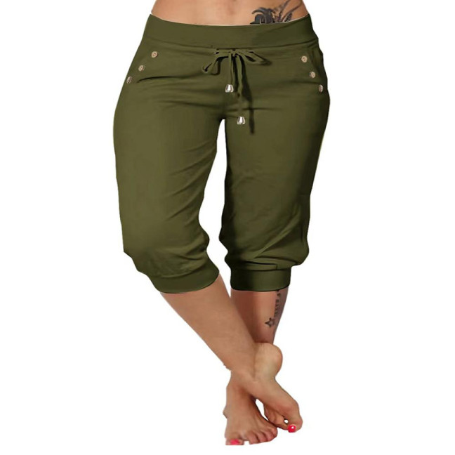 Women Cropped Pants Elastic High Waist Adjustable Drawstring Mid-calf Pants with Pockets Solid Color Stretchy Yoga Sweatpants