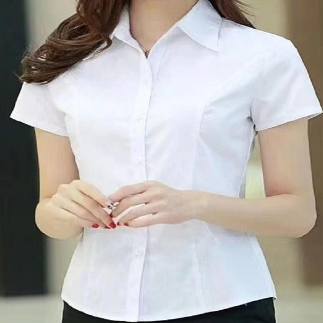 Women Shirt Lapel Short Sleeve Buttons Placket Shirt Tops Solid Color Slim Fit Office Business Shirt Workwear