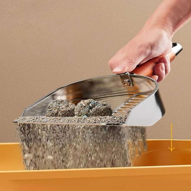 Metal Cat Litter Scoop with Holder Pet Poop Scooper with Ergonomic Wood Handle Fast Sifting Shovel Cat Supplies