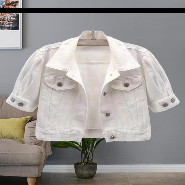 Women's Cropped Denim Jacket Short Sleeve Jean Jacket Lapel Button Down Trucker Coat Summer Casual White Thin Top